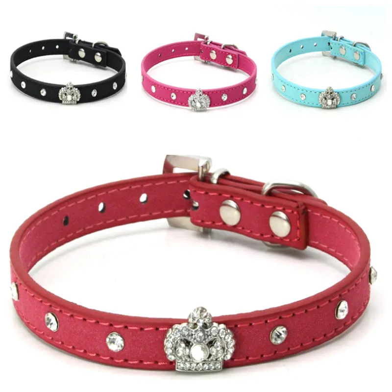 

Rhinestones Crown Dog Collar Soft Velvet Material Adjustable Dog Cat Collars with 4colors XS S M Free shipping