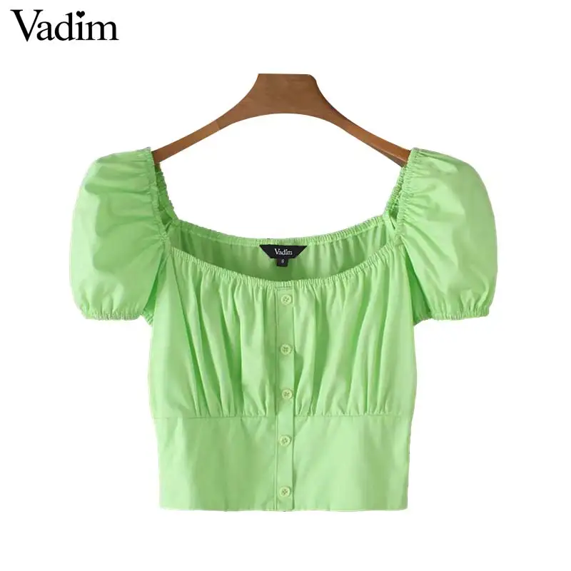 

Vadim women fluorescence short blouse side zipper back elastic puff sleeve female casual shirts summer crop tops blusas DA288