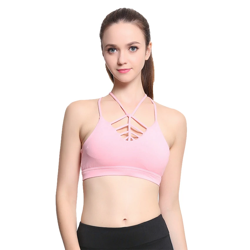 

2018 Fitness Women Solid V Neck Push Up Cross Straps Nylon Padded Sports Bra Sexy Yoga Gym Training Workout Underwear Tank Tops