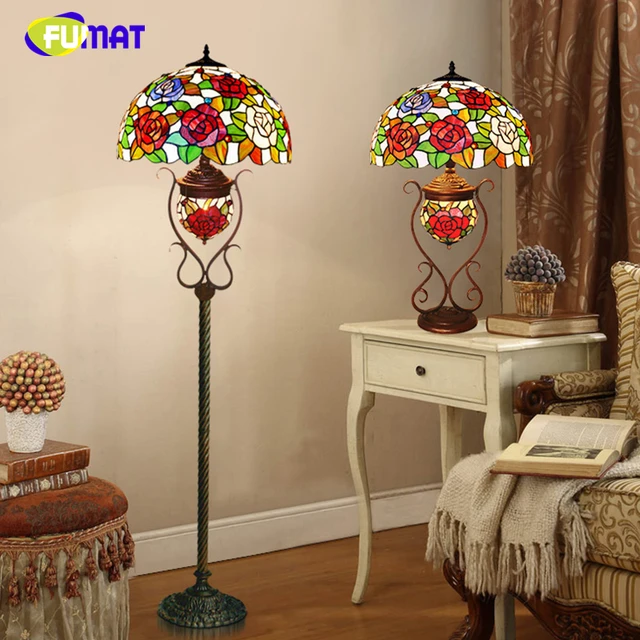 FUMAT European Style Pastoral Rose Glass shade Floor Lamps Tiffany