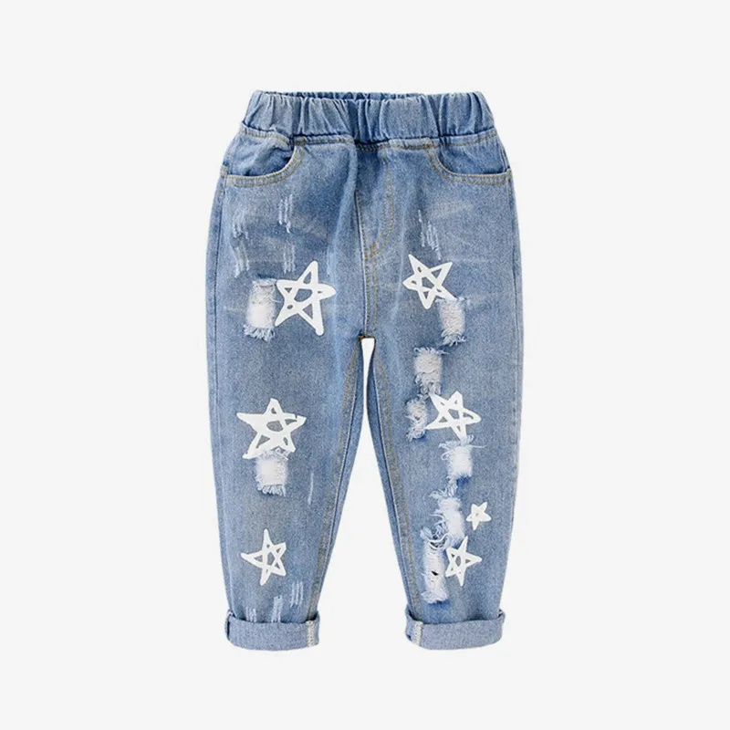 

Hot sale 2019 children girls spring denim pants Kids new casual stars print distressed Jeans for Girls 2-7 years !