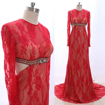

MACloth Red Sweep Train Scoop Neck Floor-Length Long Crystal Lace Prom Dresses Dress L 265096 Clearance