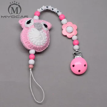

MIYOCAR handmade pink Crochet owl with pink wood beads baby pacifier clip dummy clip pacifier holder