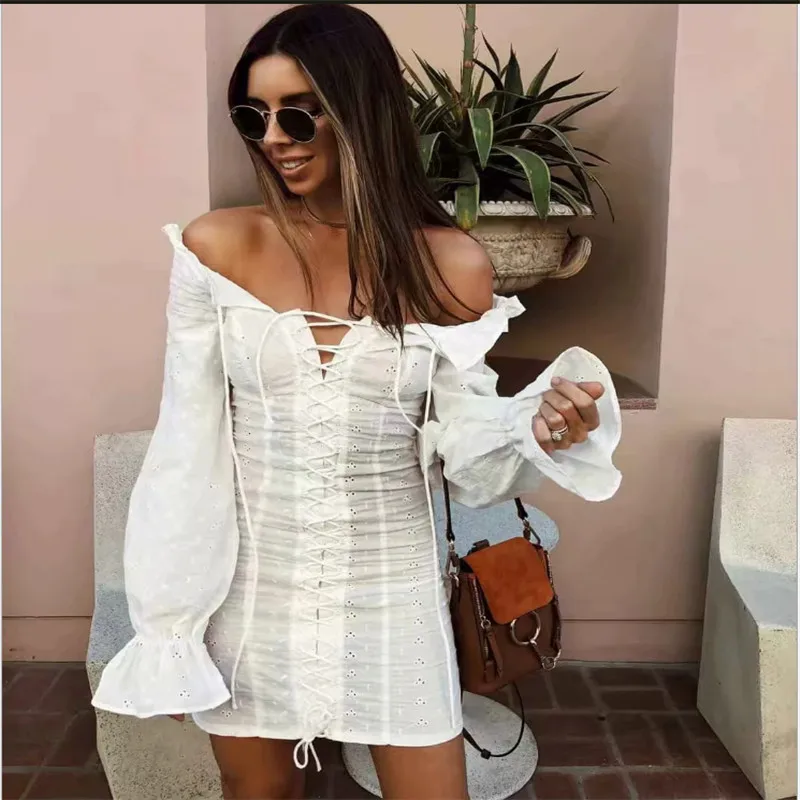 

2019 sexy off shoulder dress women long sleeve ruffled dress summer party club chic lace embroidery floral mini dress