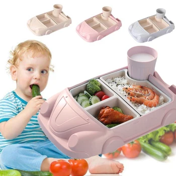 

Baby Dinnerware Set Children Plate 6Pcs/Set Car Shape Creative Bamboo Fiber Kids Feeding Spoon Fork Bowl Divided Dishes