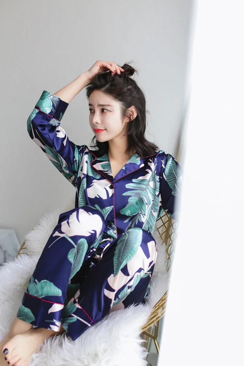 9 Узор Цветок кактуса простой сатин пижамы для женщин брюки с длинным рукавом Дамские пижамные комплекты принт пижамы для женщин домашняя одежда шелковистая 972