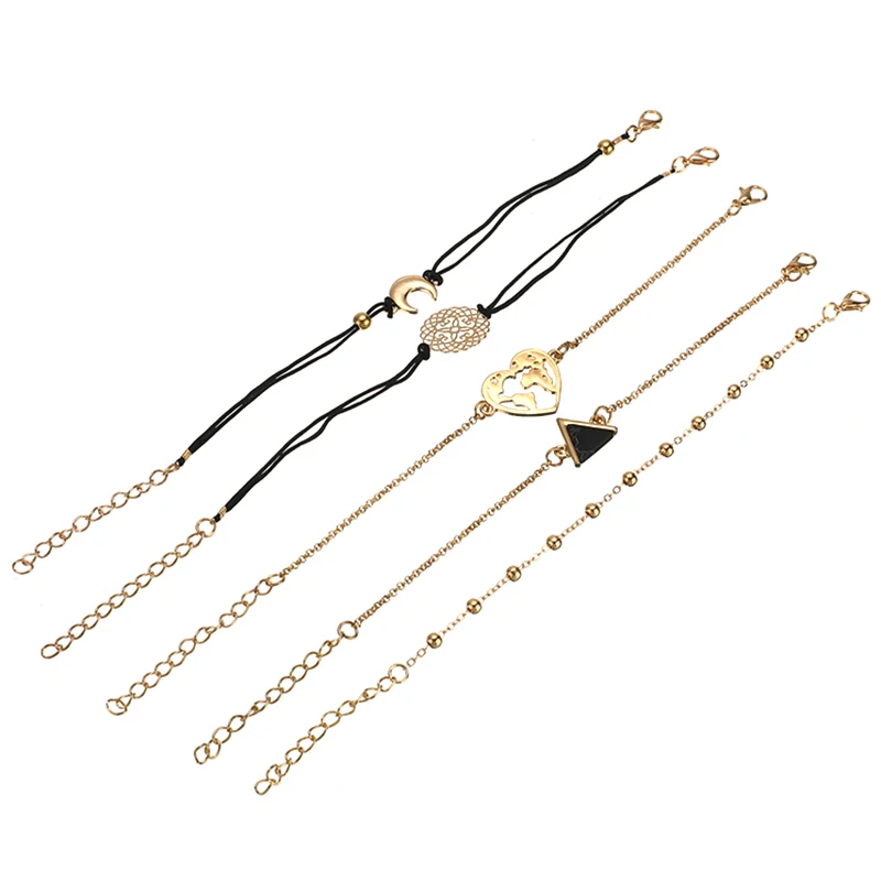 

5pcs/Set Fashion Boho Charm Crystal Stone Chain Bracelet Heart Hollow Map Moon Beads Bracelet Bangle Women Jewelry