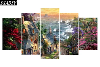 

5pcs/set,5d DIY Diamond Mosaic Embroidery Landscape Diamond Painting Full round Rhinestone cross stitch seaside town Home Decor