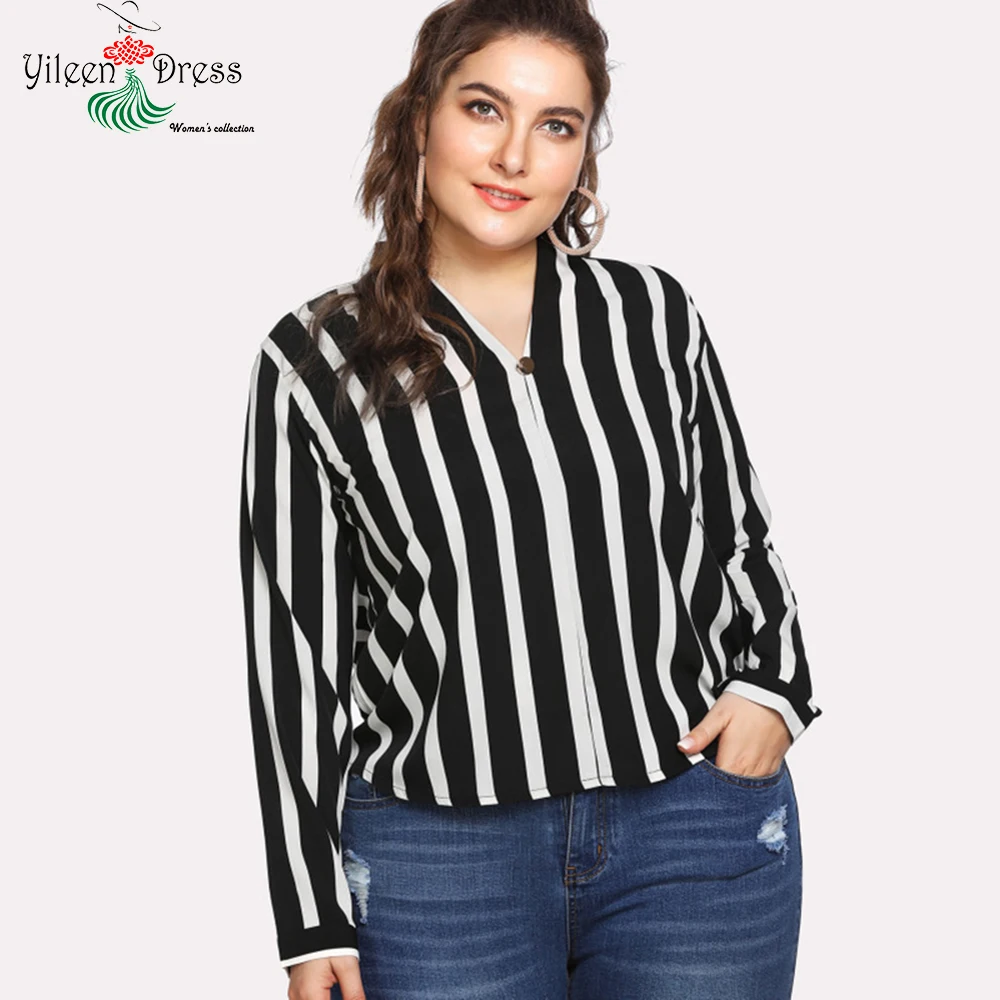 Yileen Plus Size Women Blouses Button Striped Casual Office Tops V Neck Ladies Blusas Autumn Long Sleeve XL-5XL Clothing 2018 |