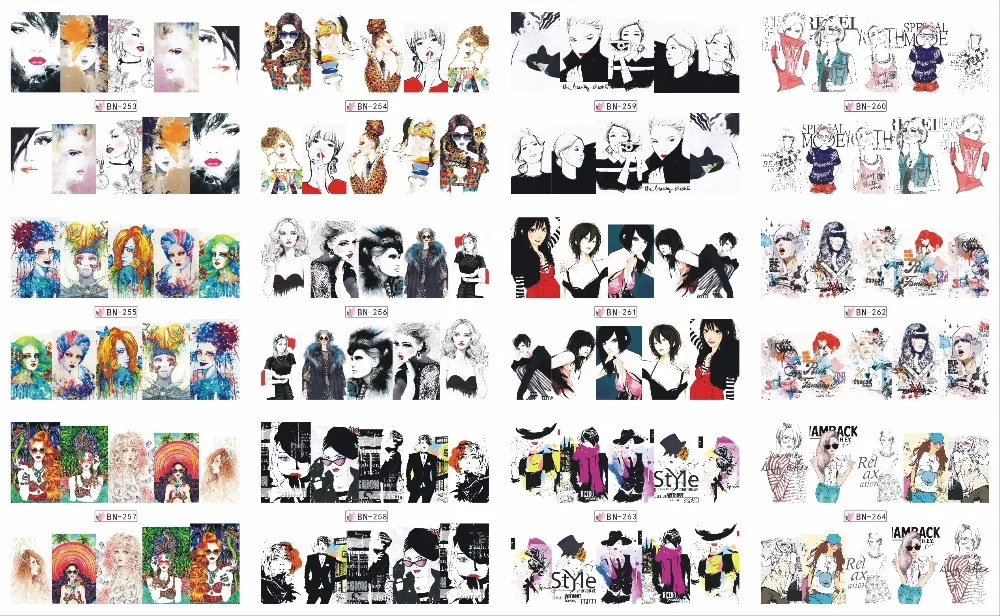 

New 12Sheets in one Nail Art Decorations Anime Beauty Nail Art Water Transfer Sticker Full Wrap Decal Makeup Manicure BN253-264