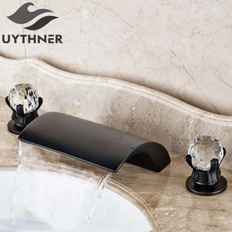 

Uythner Deck Mounted Waterfall Spout 3pcs Basin Faucet Double Crystal Handles Mixer Tap Oil Rubbed Bronze