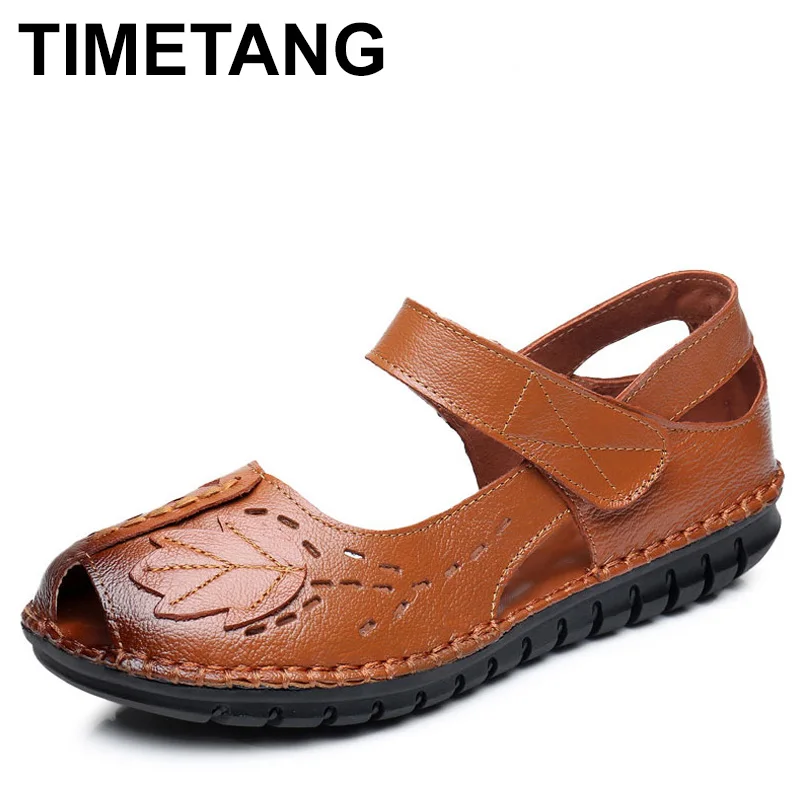 

TIMETANG 2018 Summer Flat Shoes Soft Bottom Genuine Leather Leaves Hollow Out Shallow Cover Toes Sandals Women shoes