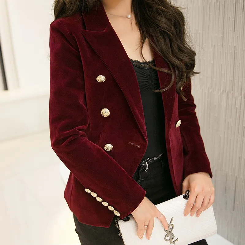 

Spring and Autumn new Slim gold velvet small suit jacket female leisure blazer/ velvet metal button long suit blazer