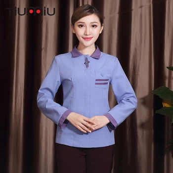 

Spliced Color Turndown Collar Cleaning Workwear Uniform Long Sleeves Housekeeping Cleaning Service Uniforms Women Waiter Jackets