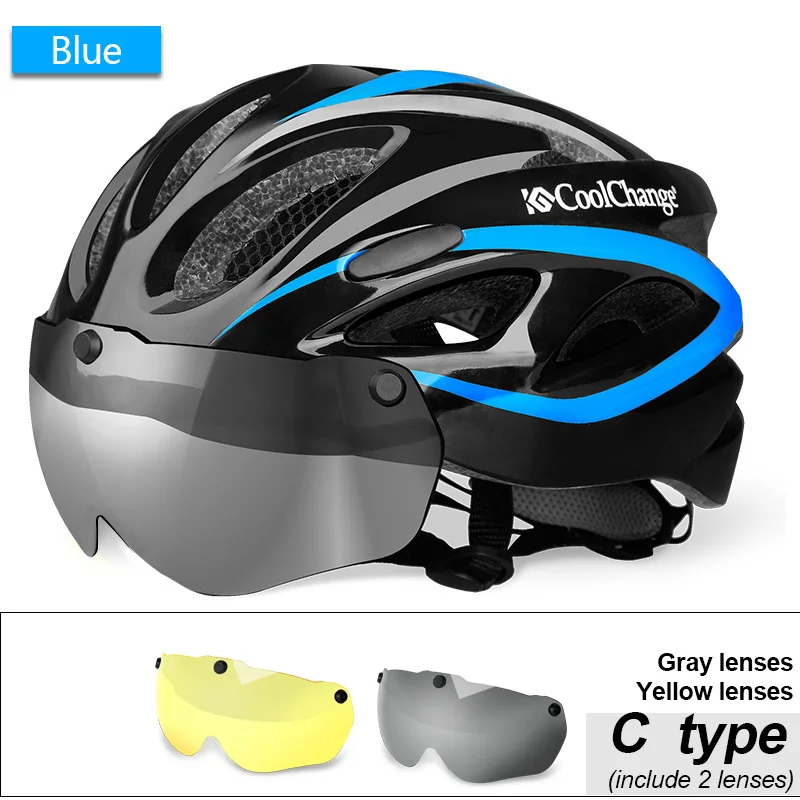 CoolChange Bicycle Helmet EPS Insect Net Road MTB Bike Windproof Lenses Integrally-molded Helmet Cycling Casco Ciclismo - Цвет: C Blue 2 lenses