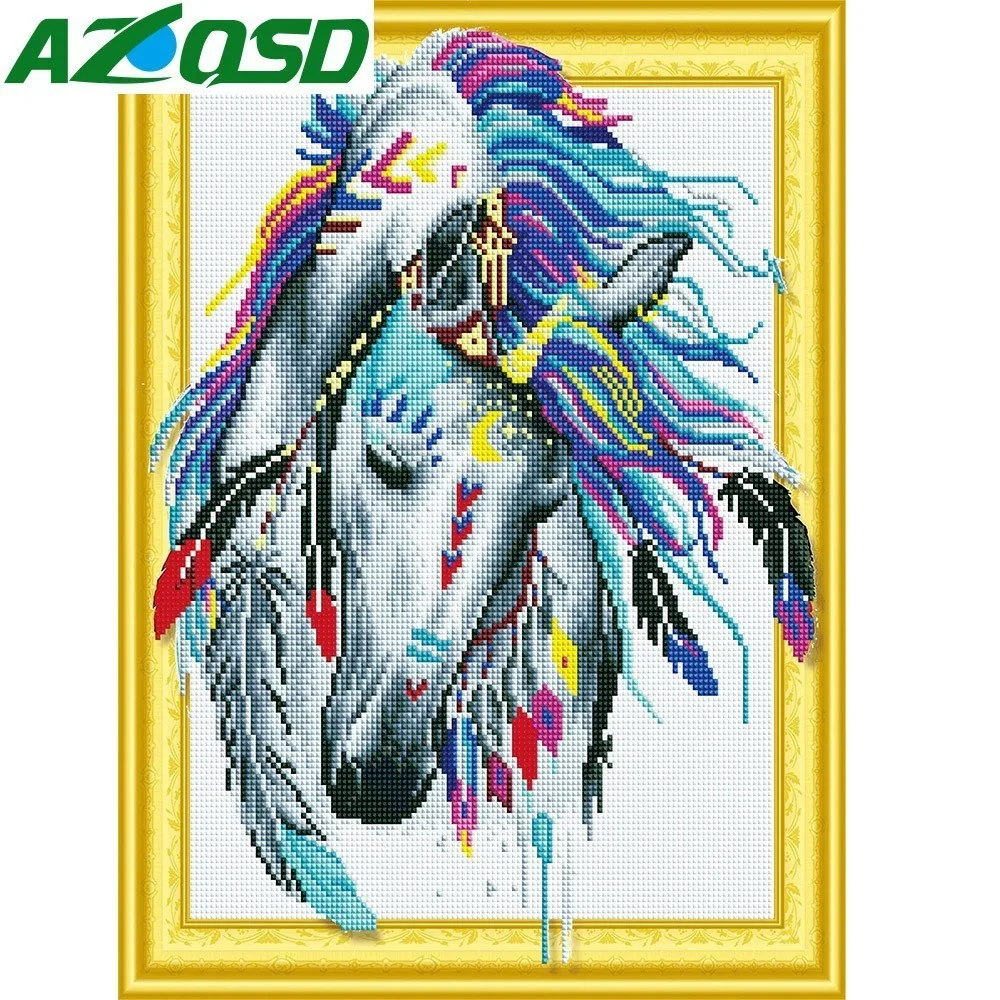 

AZQSD Diamond Embroidery Animal 5D DIY Diamond Painting Indian Horse Diamond Mosaic Home Decor Picture Of Rhinestones 40x50cm