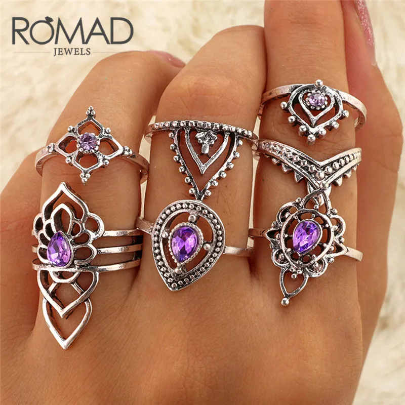 

ROMAD Retro Boho Flower Ring Sets Vintage Purple Crystal Knuckle Midi Rings For Women 7 pcs Beach Anillos Retro Punk Jewelry R4