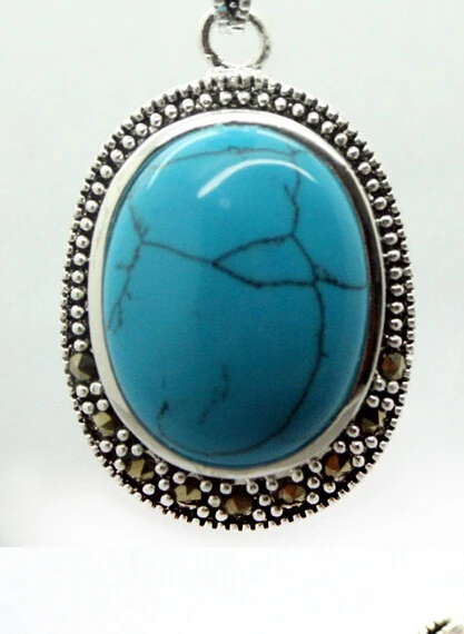 

NEW N953 Oval Blue Turquoise Silver Jewelry Marcasite Pendant