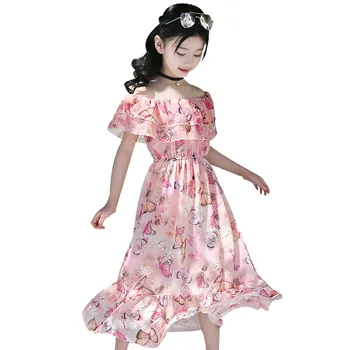 

Summer New Fashion Kids Teen Children Girls Floral Butterfly Ruched Off Shoulder Princess Dress Wholesale Free Ship Z4