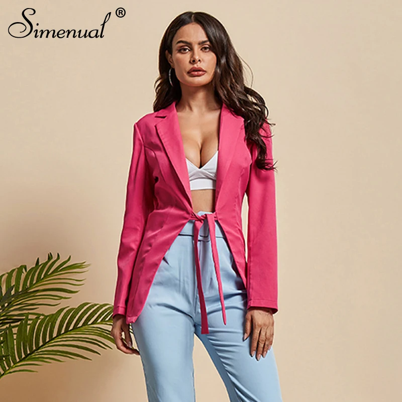 Simenual Fashion Women Pink Blazer Long Sleeve Office Lady Jacket Bandage Slim Solid Casual 2019 Autumn Blazers Deep V Neck New
