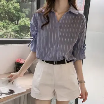 

New Lace Up Bow Half Butterfly Sleeve Women Shirt V-neck Loose Blusas Femme Casual Tops Office Lady Tee Plus Size 3XL