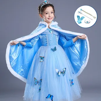 

3-10T Girls Blue Elsa Princess Dress with Cloak Crown Wand Glove Braid Halloween Christmas Cosplay Clothes Baby Girl Party Dress