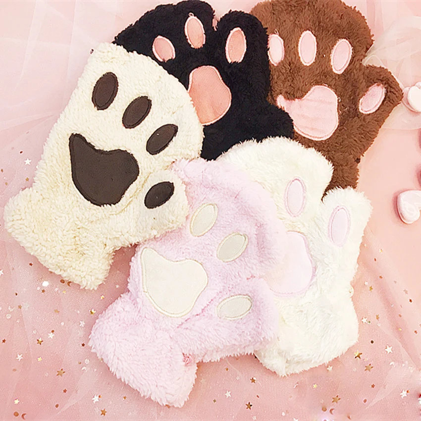 

Japanese Lolita Women Cute Cat Claw Paw Plush Mittens Short Gloves Half Finger Christmas Winter Warm Kawaii Knitted Gloves