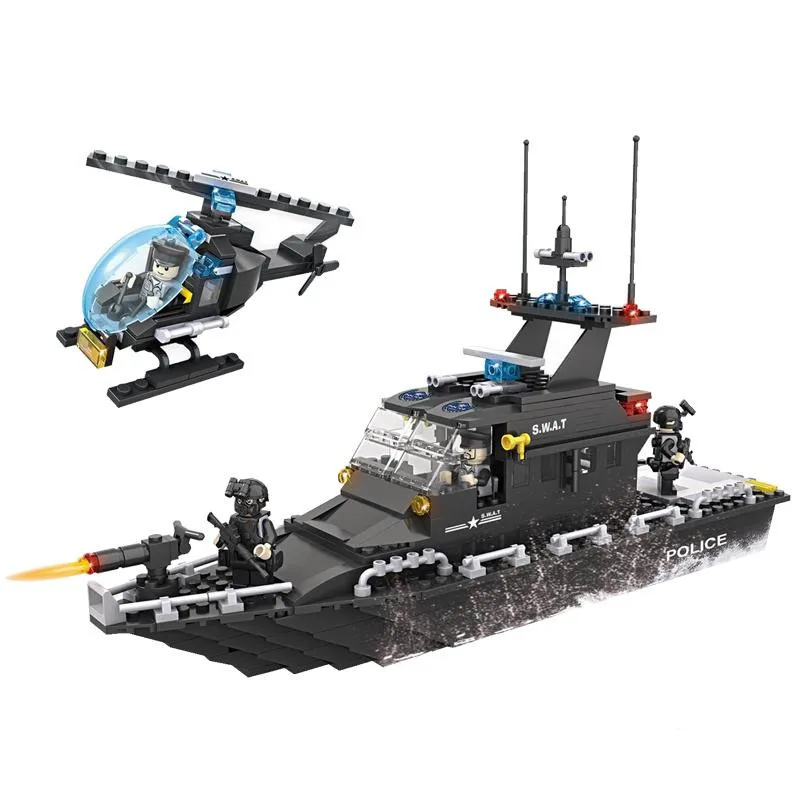 

HSANHE 6511 Police station SWAT escort Boat Military Series soldiers 3D Model building blocks city Boy Toy hobbies Gift