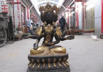 

USPS to USA S2689 Pure Bronze Three Head -Eight-armed Vasudhara Kwan-Yin Bodhisattva Buddha Statue