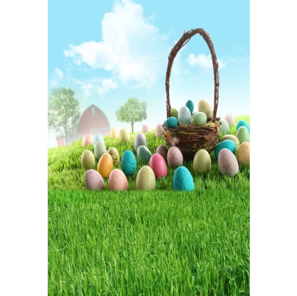 

Laeacco Happy Easter Color Eggs Grassland Blue Sky White Clouds Natural Scene Photo Background Photography Photo Backdrop Studio