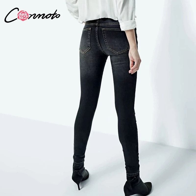 Conmoto Узкие женские джинсы с вышивкой, стрейчевые джинсы с высокой талией, модные чёрные джинсы с молнией, женские облегающие джинсы
