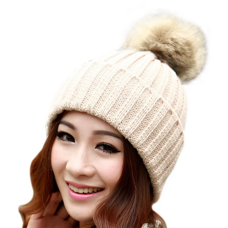 PIKADINGNIS Warm Knitted Womens Hat Striped Winter Hats for Women Double  Fur Pompom Wool Beanies Thick Skullies Cap Faux Pompom Hat Femme 