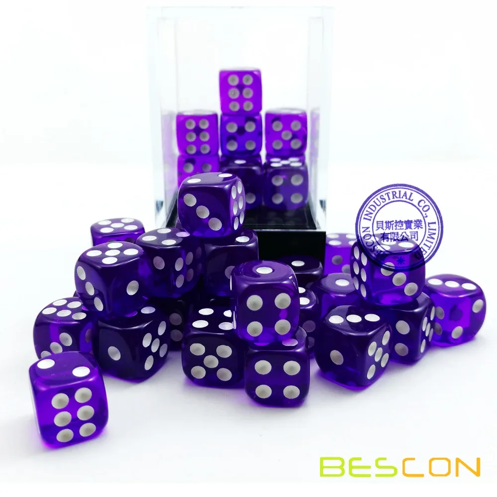 Bescon 12mm 6 Sided Dice 36 in Brick Box, 12mm Six Sided Die (36) Block of Dice, Translucent Purple with White Pips 4