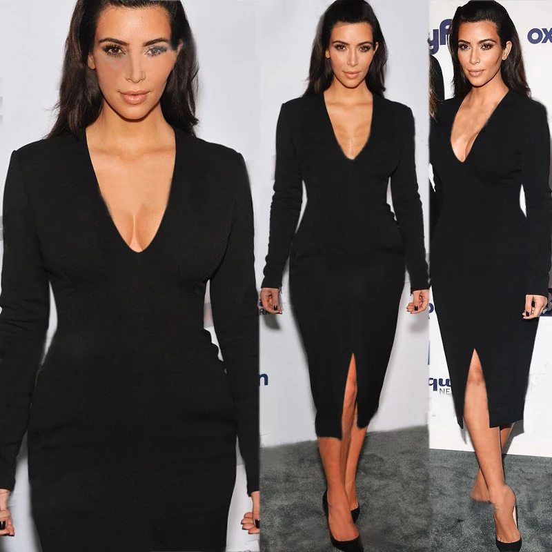

2015 Spring New Kim Kardashian Celebrity Dresses Long Sleeve V-Neck Long Dresses Evening Elegant Robe De Soiree Party Dresses