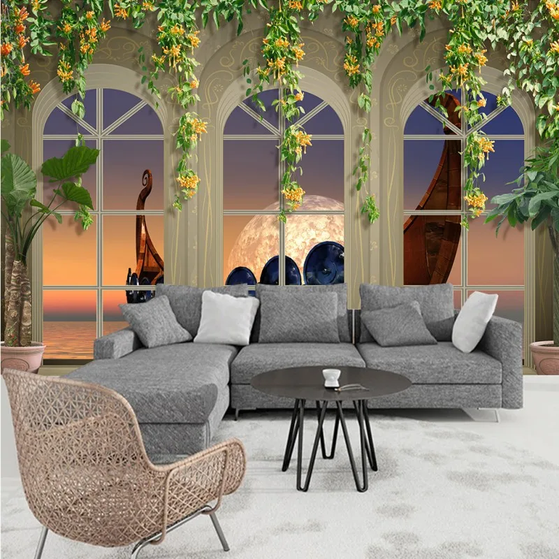 

wallpaper 3d Southeast Asian style wooden boat 3d wallpaper mural Balcony Living room decoration background