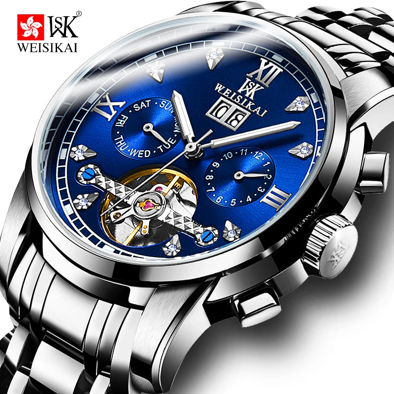 

WEISIKAI Men's Automatic Mechanical Self Wind Watches Luxury Waterproof Watch Man Design Gold Steel Skeleton Flywheel Wristwatch