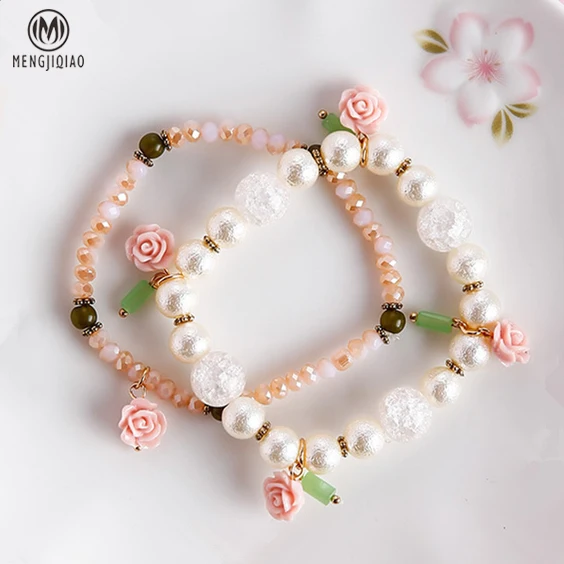 

2017 Sweety Pure Rose Flower Pendant Double-Deck Elastic Bracelets For Women Hand Jewelry Rhinestone Bead Bracelet