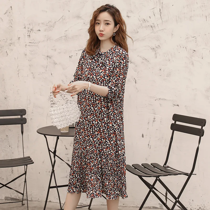 

1903# Vintage Print Chiffon Maternity Long Dress 2019 Spring Korean Fashion Clothes for Pregnant Women Loose Pregnancy Clothing