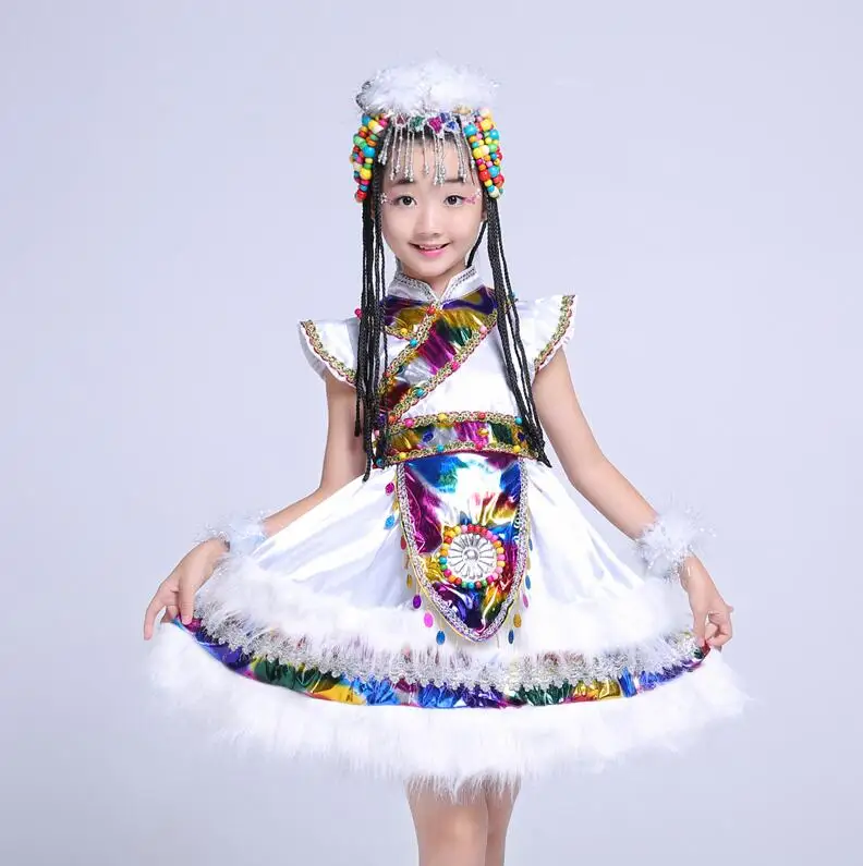 Китайский народный костюм; детская Одежда для танцев; костюмы для веер для танцевального костюма; традиционный костюм; национальная Классическая Одежда для танцев - Цвет: Белый