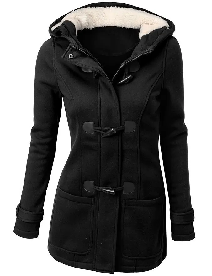 Зимняя женская куртка с капюшоном, зимнее пальто, модная Осенняя Женская парка, пальто с роговыми пуговицами, Abrigos Y Chaquetas Mujer Invierno - Цвет: Черный