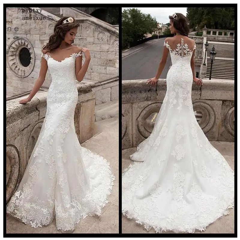 

Sexy 2019 White Mermaid Wedding Dress Sleeveless Appliqued Tulle Buttons Back Boho Wedding Gown Long Train Bride Dress