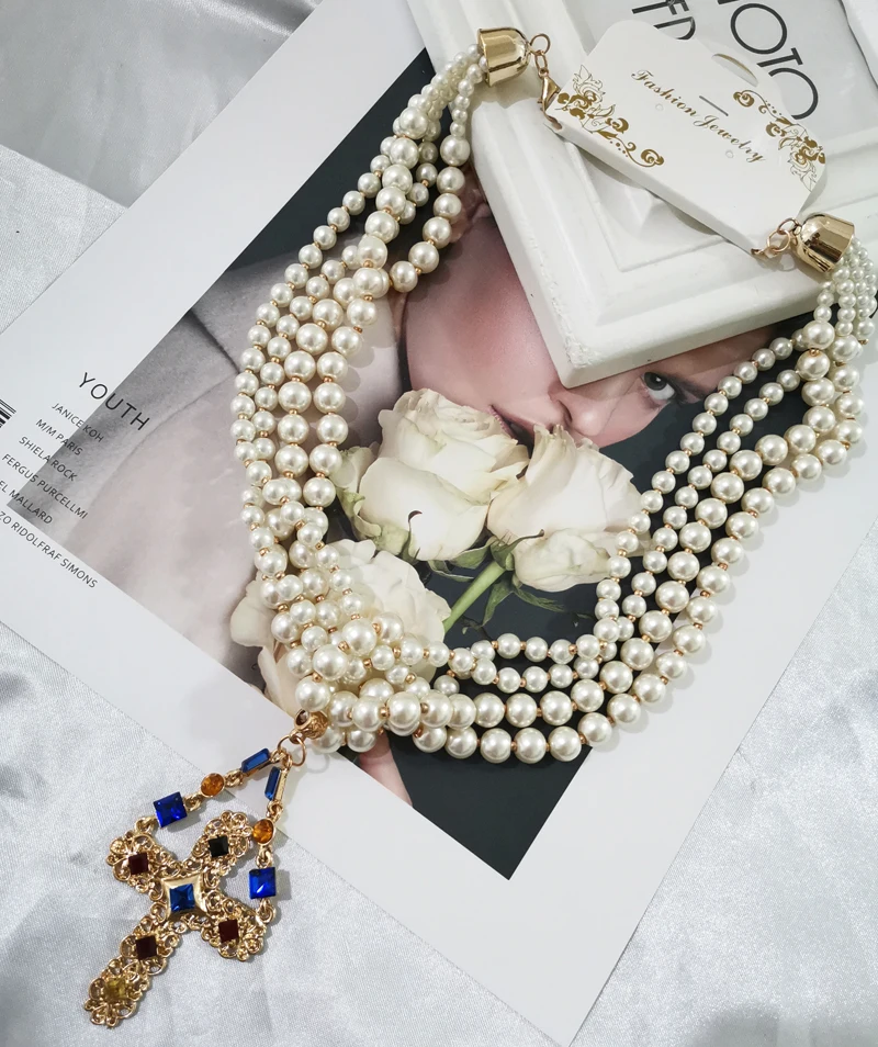 Layered Pearls Necklace For Women Cross tassel collane lunghe donna camelia maxi necklace Party Necklace