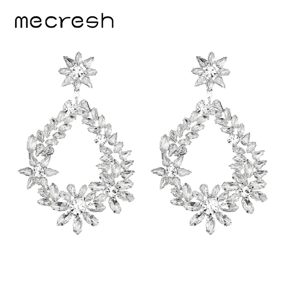 

Mecresh Marquise Rhinestone Bridal Large Drop Earrings Women Wedding Jewelry Silver Color Crystal Flower Boho Earrings MEH1427