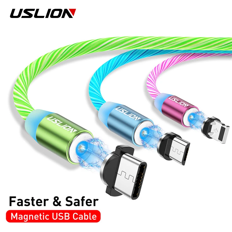 

USLION Magnetic Charger Cable Flowing Light Fast Charging Magnet Micro USB Type C Cable For iPhone XS XR LED Magnetic Wire Cord