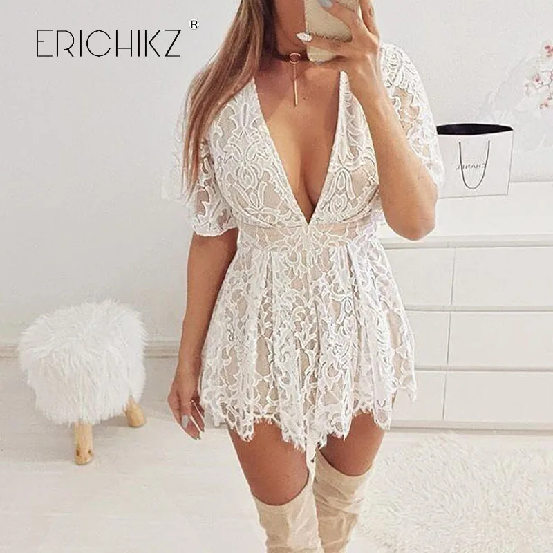 ERICHIKZ Halter white lace romper Women hollow out Bodycon sexy deep v neck short sleeve Body overalls Summer beach playsuit Body : image ERICHIKZ Halter white lace romper Women hollow out Bodycon sexy deep v neck short sleeve Body overalls Summer beach playsuit Body