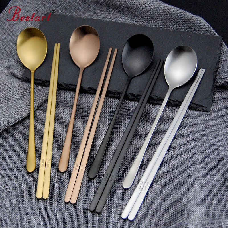 Korea Chopsticks&Table Spoons Set Frosted Gold Cutlery Stainless Steel
