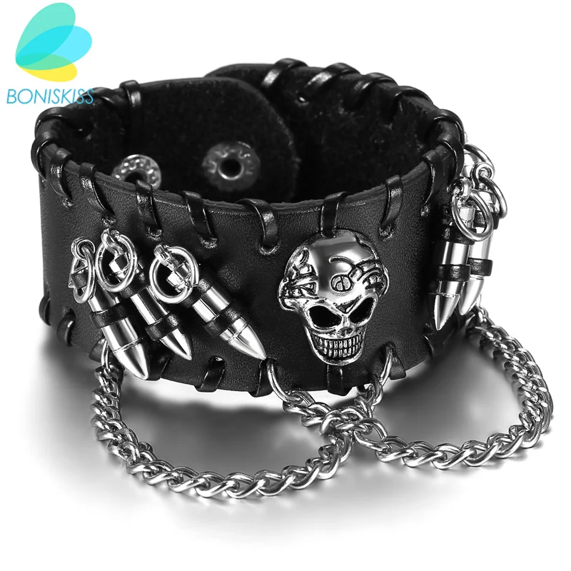 Boniskiss 2017 Punk Rock Black Men Wide Leather Bracelets Gothic Skull Cuff Bangle Skeleton/Bullet Charm Pulseiras Masculinas