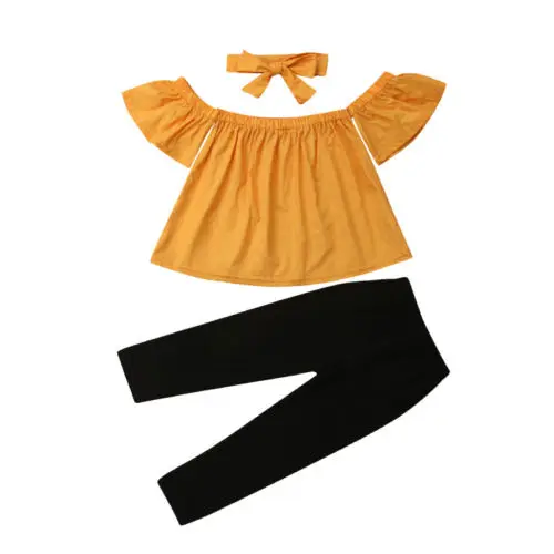 Toddler Baby Girl Summer Short Sleeve Off Shoulder Crop Top+Black Long Pants+Headband Fashionable 3pcs Casual Outfits |