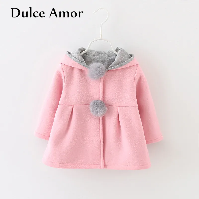 Dulce Amor/куртка для маленьких девочек; одежда; сезон осень-зима; теплое пальто с капюшоном и заячьими ушками; милый меховой шарик; Верхняя одежда для маленьких девочек