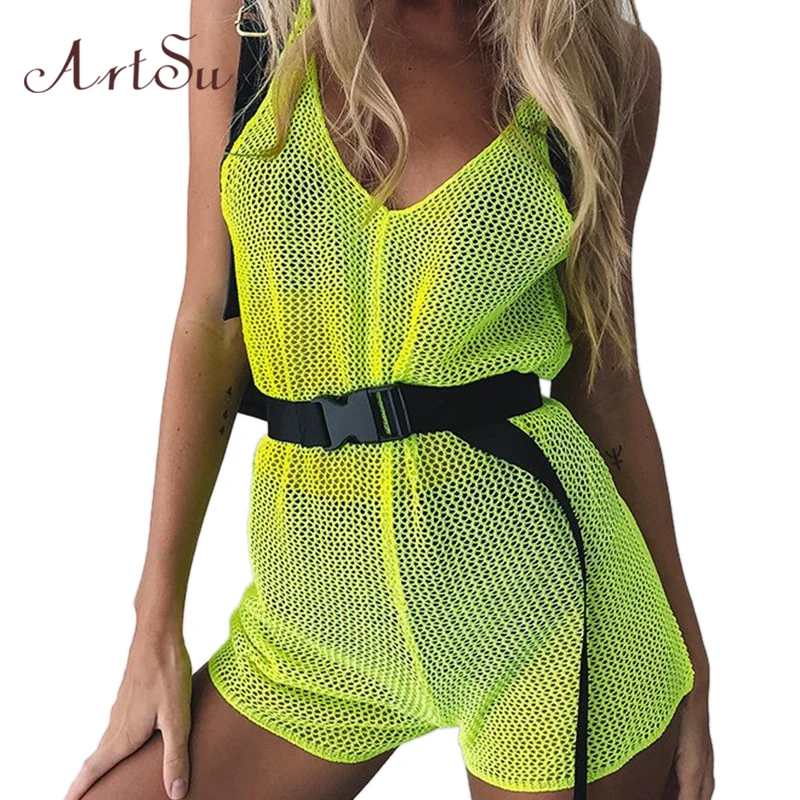 

ArtSu 2019 Summer Neon Green Mesh Jumpsuit Kort Sexy Sleeveless Backless Beach Overalls Romper Women Body Mujer Black ASJU20420